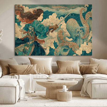 Tsukioka Yoshitoshi Samurai Wall Art Print, Japanese Katana Warrior Canvas Wall Art, Octopus Sea Monster Canvas Print,