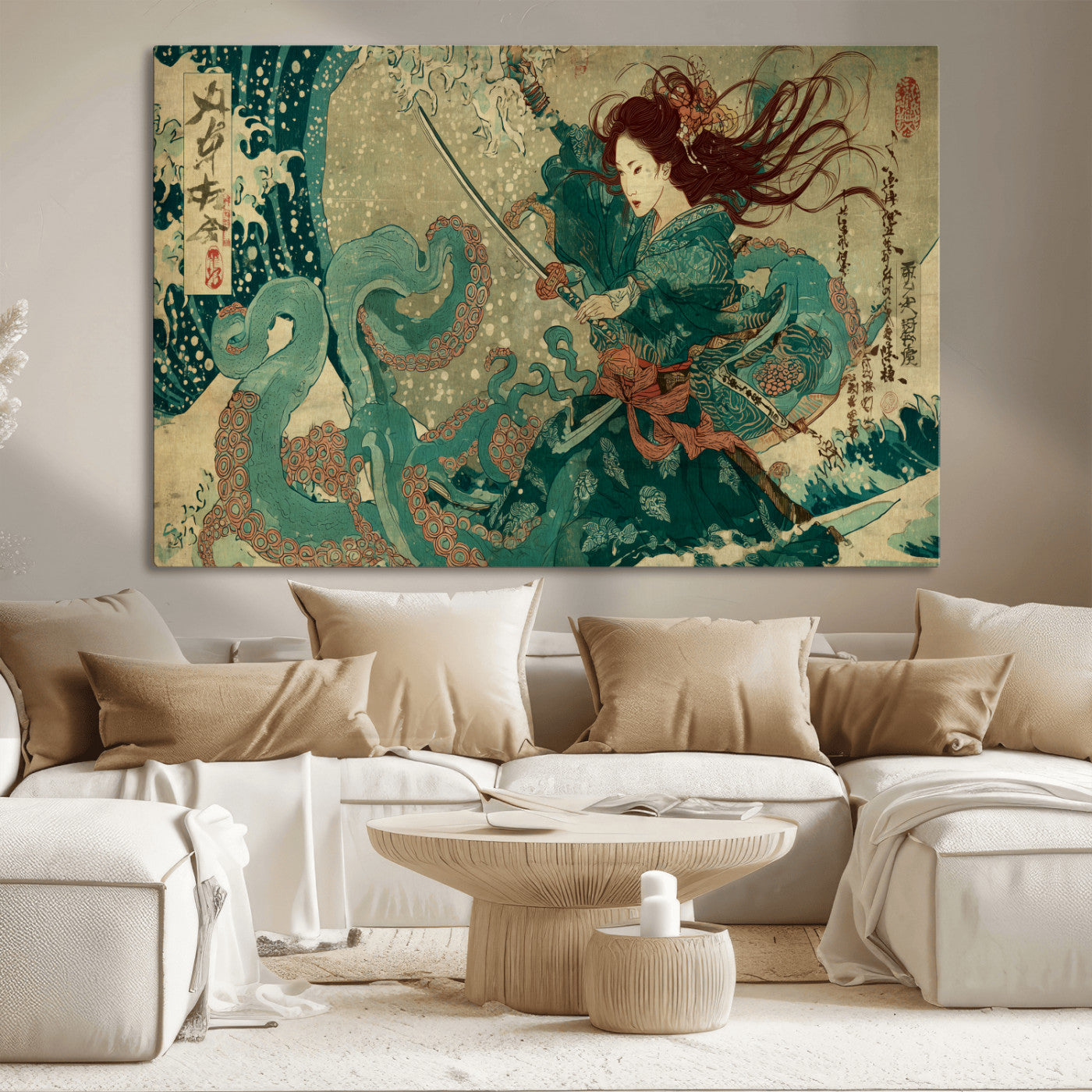 Tsukioka Yoshitoshi Samurai Wall Art Print, Japanese Katana Warrior Canvas Wall Art, Octopus Sea Monster Canvas Print,