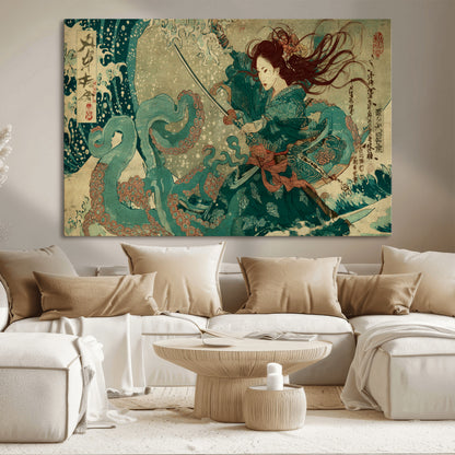 Tsukioka Yoshitoshi Samurai Wall Art Print, Japanese Katana Warrior Canvas Wall Art, Octopus Sea Monster Canvas Print,