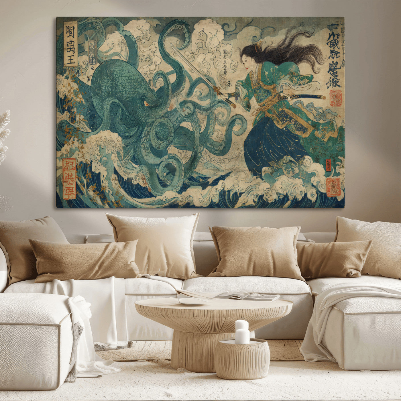 Tsukioka Yoshitoshi Samurai Wall Art Print, Japanese Katana Warrior Canvas Wall Art, Octopus Sea Monster Canvas Print,