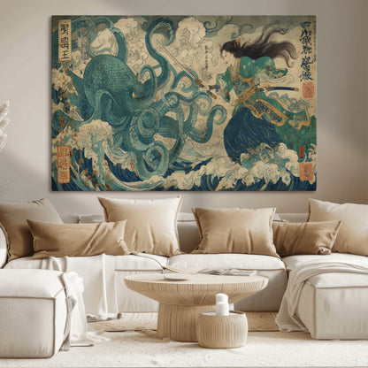 Tsukioka Yoshitoshi Samurai Wall Art Print, Japanese Katana Warrior Canvas Wall Art, Octopus Sea Monster Canvas Print,