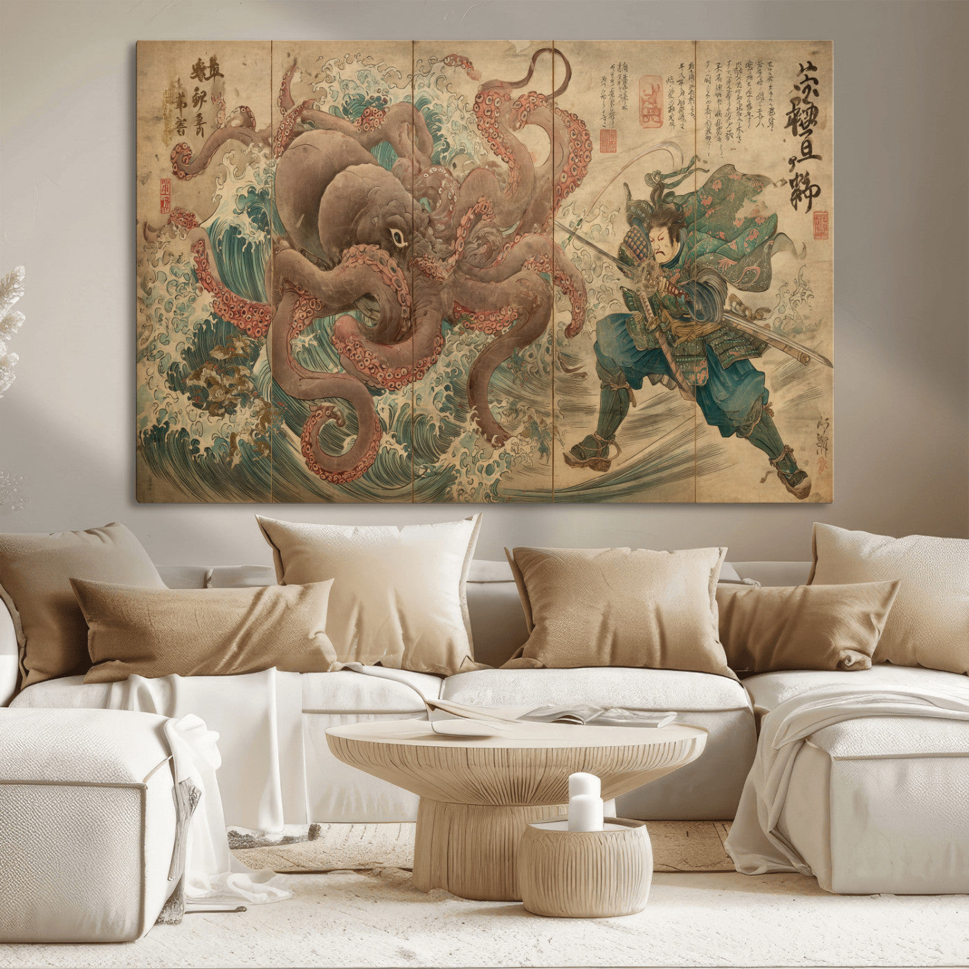 Tsukioka Yoshitoshi Samurai Wall Art Print, Japanese Katana Warrior Canvas Wall Art, Octopus Sea Monster Canvas Print,