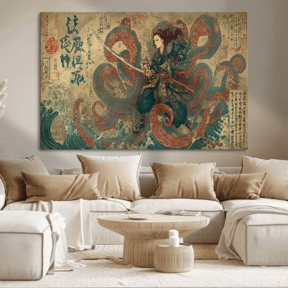 Tsukioka Yoshitoshi Samurai Wall Art Print, Japanese Katana Warrior Canvas Wall Art, Octopus Sea Monster Canvas Print,