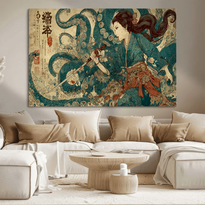 Tsukioka Yoshitoshi Samurai Wall Art Print, Japanese Katana Warrior Canvas Wall Art, Octopus Sea Monster Canvas Print,