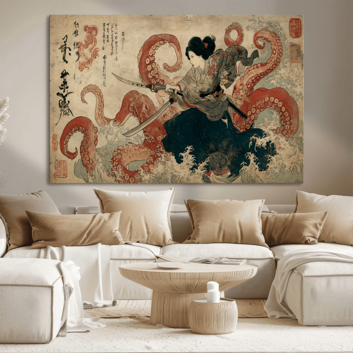 Tsukioka Yoshitoshi Samurai Wall Art Print, Japanese Katana Warrior Canvas Wall Art, Octopus Sea Monster Canvas Print,