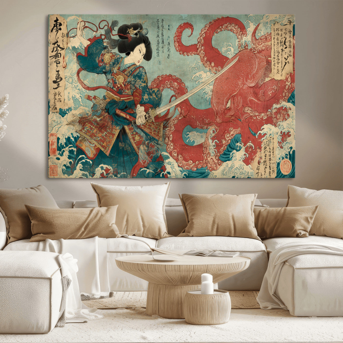 Tsukioka Yoshitoshi Samurai Wall Art Print, Japanese Katana Warrior Canvas Wall Art, Octopus Sea Monster Canvas Print,