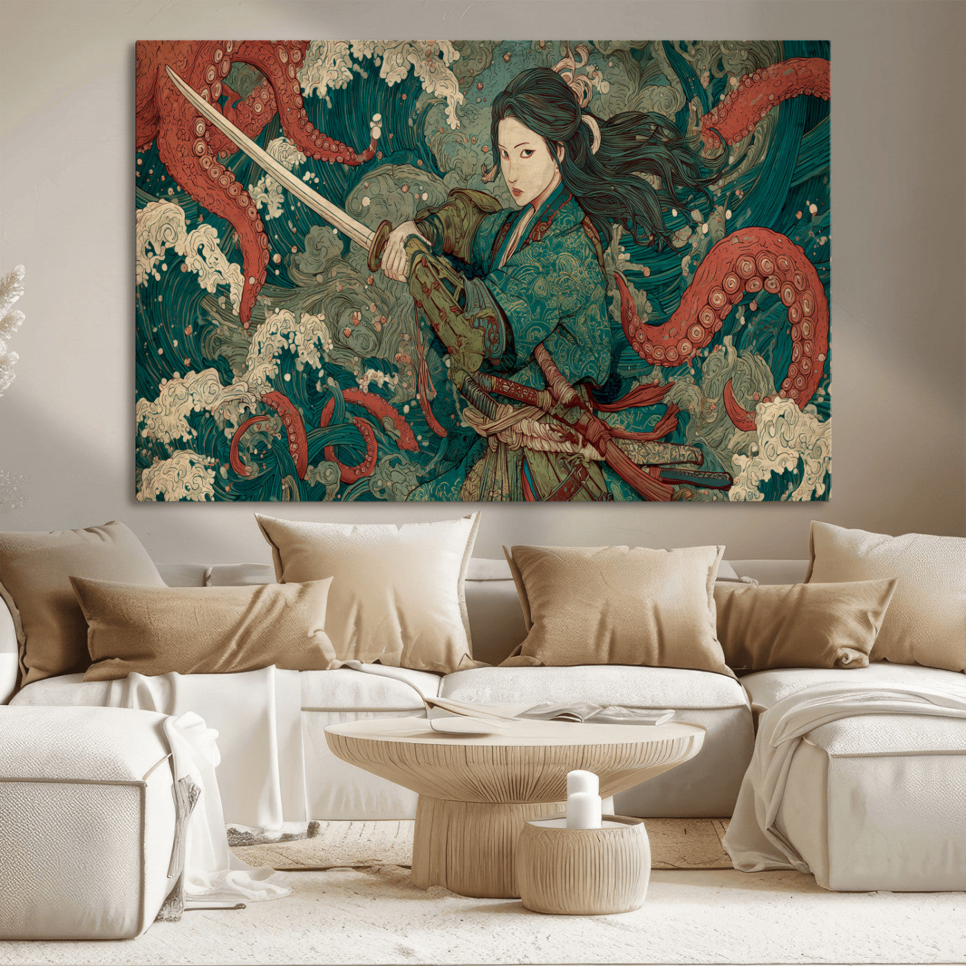 Tsukioka Yoshitoshi Samurai Wall Art Print, Japanese Katana Warrior Canvas Wall Art, Octopus Sea Monster Canvas Print,