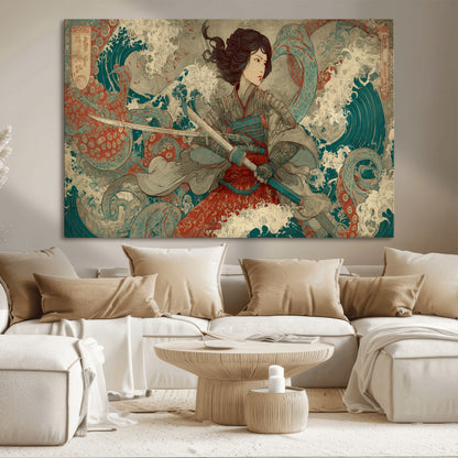 Tsukioka Yoshitoshi Samurai Wall Art Print, Japanese Katana Warrior Canvas Wall Art, Octopus Sea Monster Canvas Print,