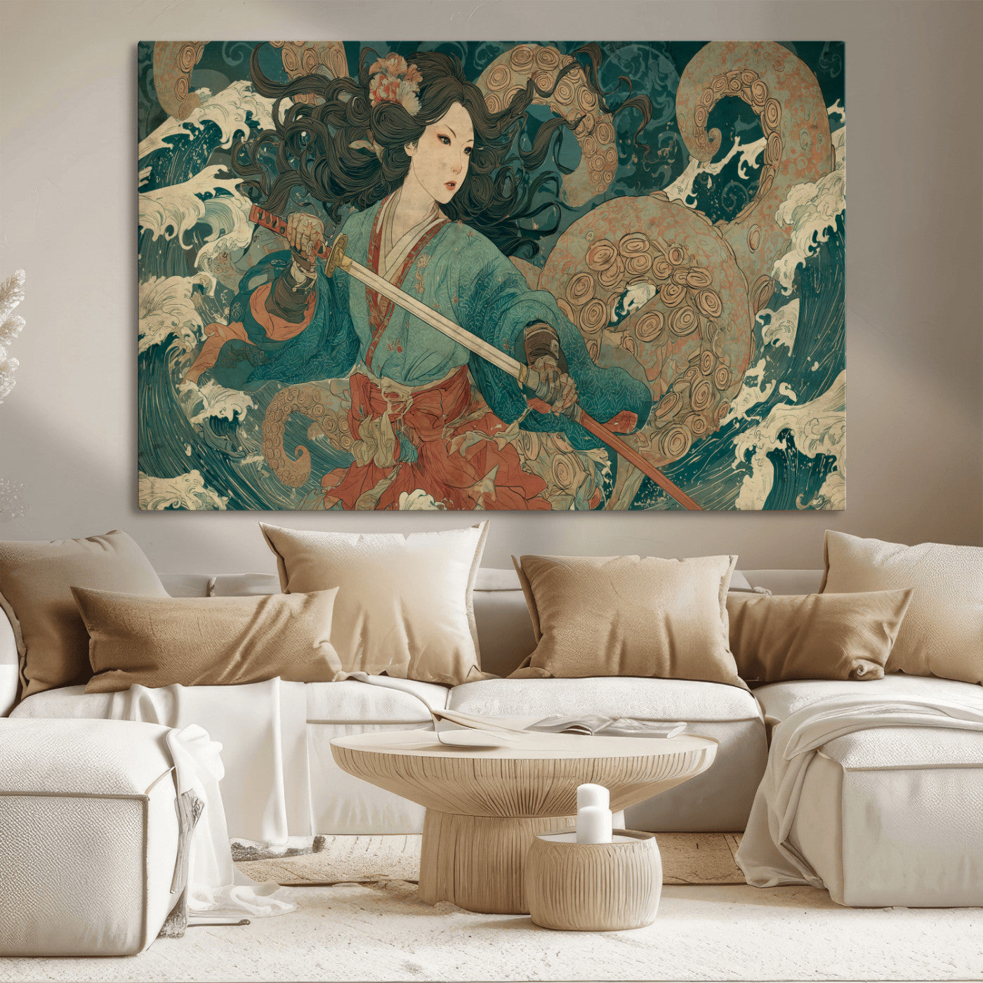 Tsukioka Yoshitoshi Samurai Wall Art Print, Japanese Katana Warrior Canvas Wall Art, Octopus Sea Monster Canvas Print,