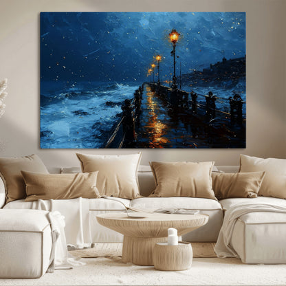 "Impressionistic painting of a rainy pier at night with glowing street lamps reflecting on the wet surface, ocean waves crashing under a dark blue sky."