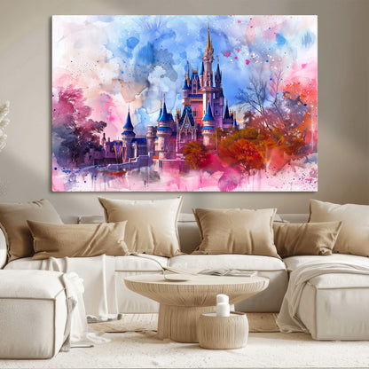Watercolor canvas of a dreamy Disney-style castle in pastel pink and blue tones, perfect for fairytale or whimsical home decor.