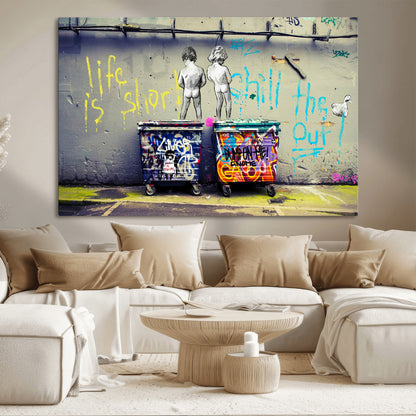 Graffiti-style canvas art with bold text and two naked figures over urban dumpsters, ideal for edgy or street-style decor.