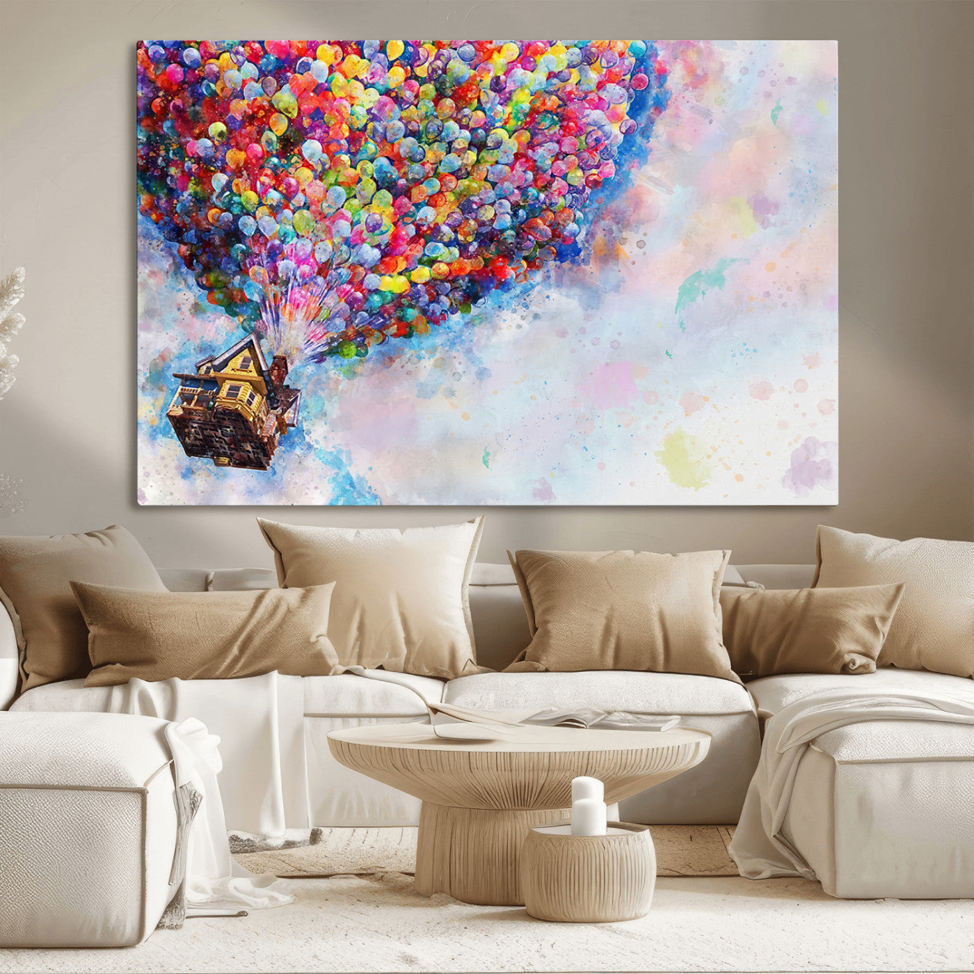 Whimsical canvas of the house from the movie Up flying with colorful balloons, ideal for Pixar or animation-themed decor.