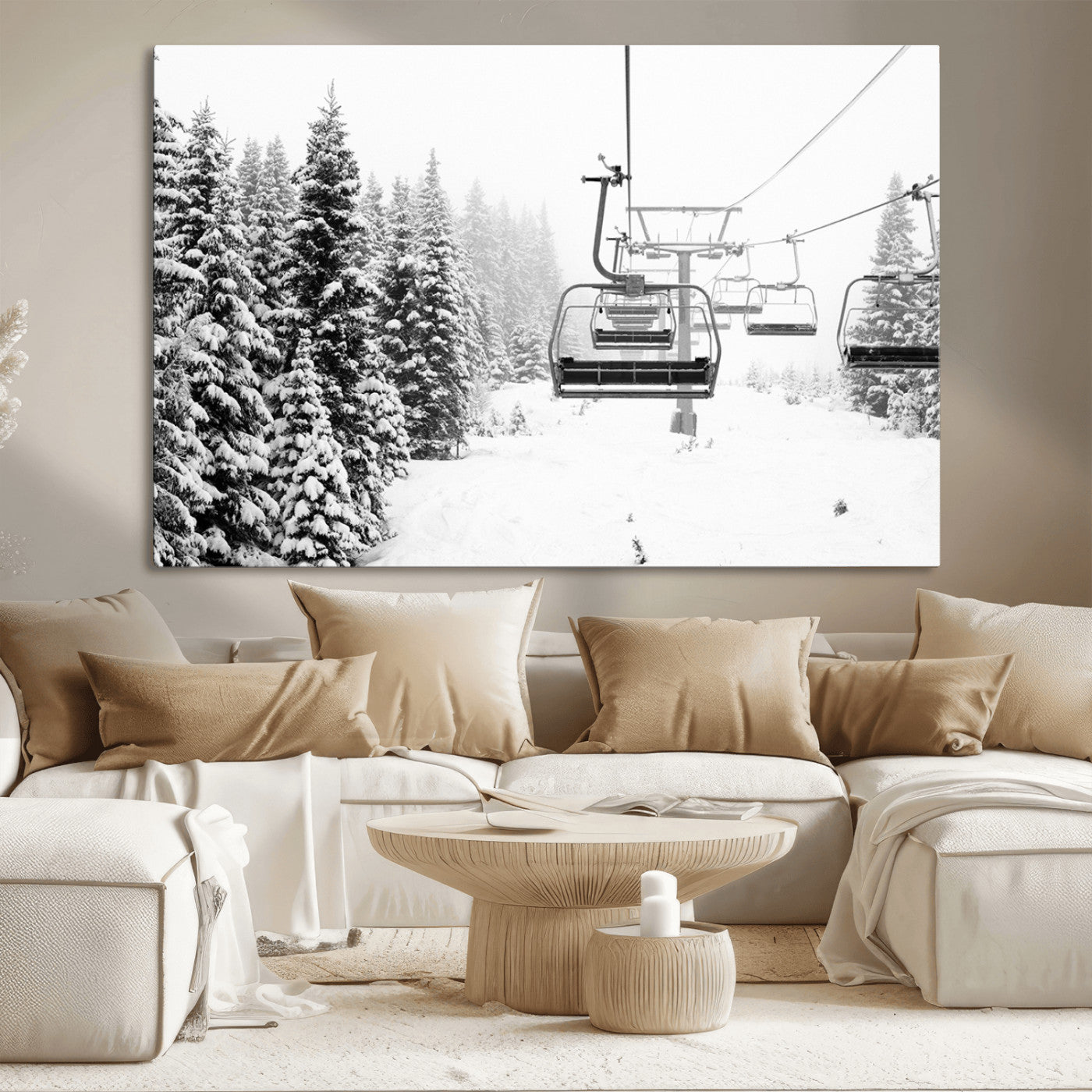 Black and white canvas of empty ski lifts over a snowy pine forest, perfect for minimal winter or ski lodge-inspired decor.