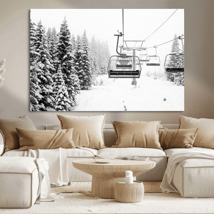 Black and white canvas of empty ski lifts over a snowy pine forest, perfect for minimal winter or ski lodge-inspired decor.