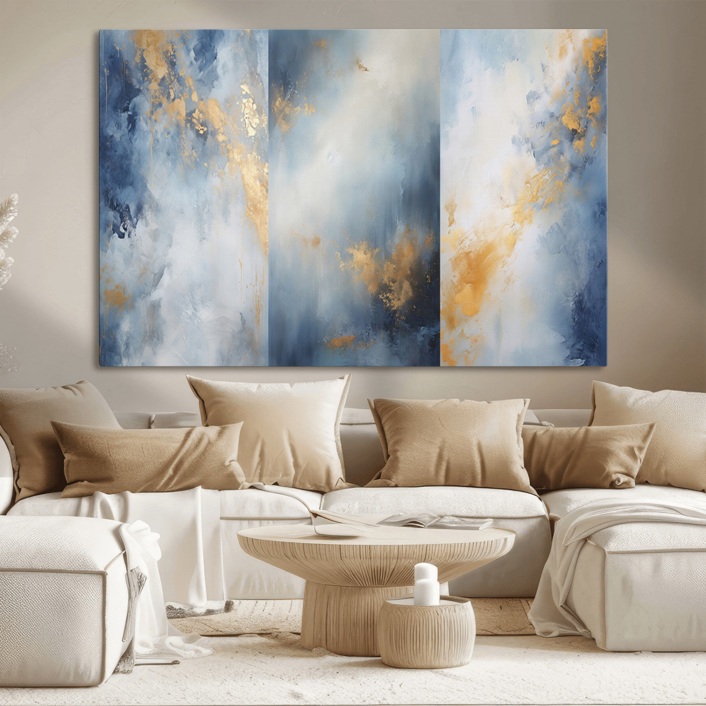 Abstract canvas art in soft blue and gold tones with textured brushstrokes, ideal for elegant or modern neutral decor spaces.