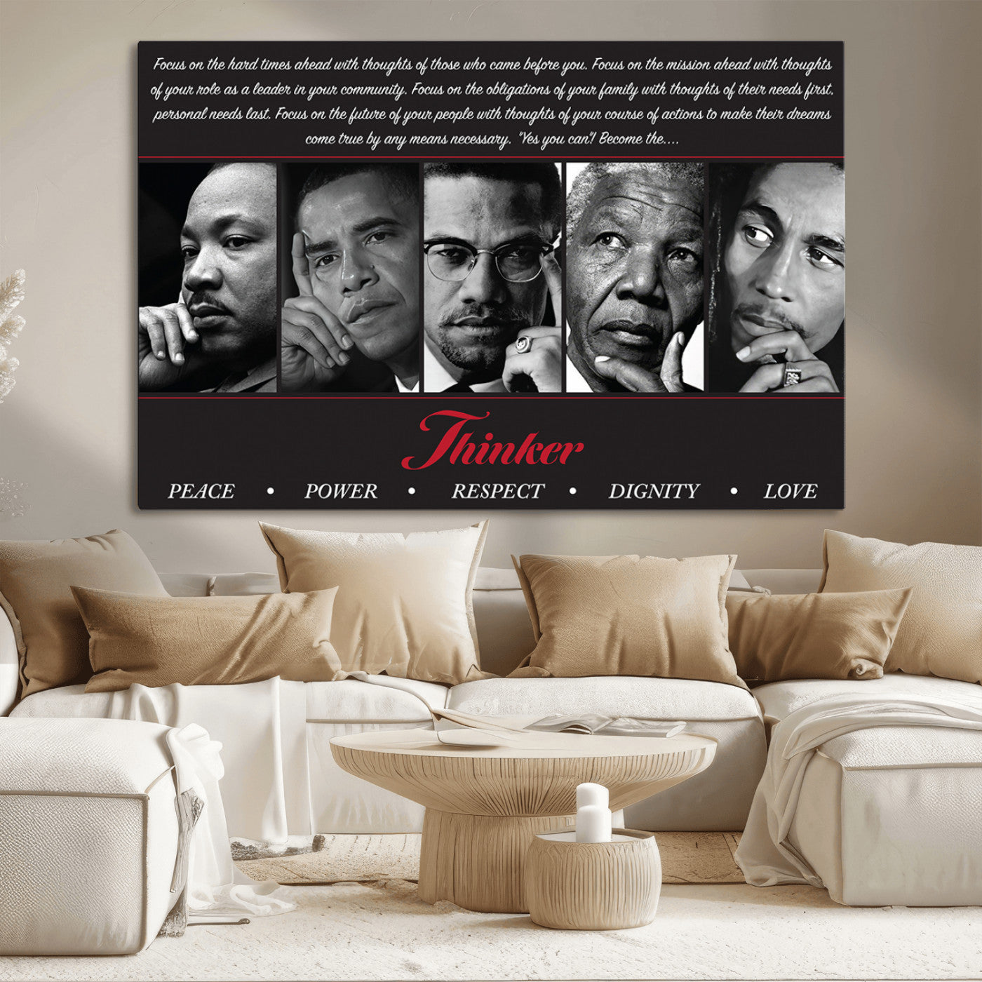Monochrome canvas of iconic Black leaders with a powerful quote, perfect for modern spaces with a cultural or motivational theme.