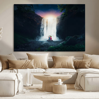 Romantic scene of Stitch and Angel sitting under a leaf in front of a glowing waterfall, ideal for tropical or fantasy-themed decor.