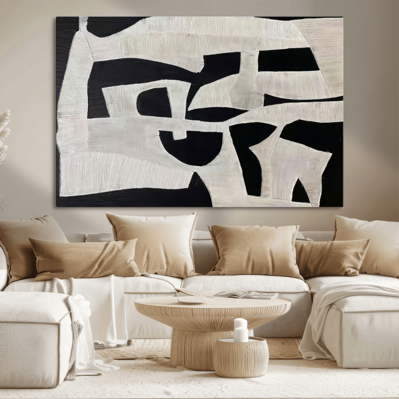 Minimalist black and white canvas featuring bold abstract textures and geometric shapes, ideal for modern neutral decor.