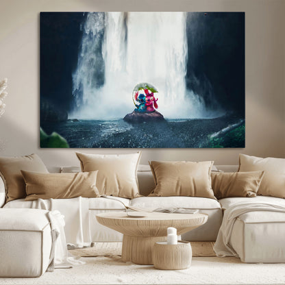 Fantasy canvas of Stitch and Angel under a leaf umbrella in front of a dramatic waterfall, perfect for moody jungle-themed or animated decor.