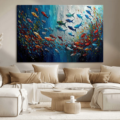 Colorful painting of fish swimming in abstract ocean swirls, perfect for vibrant marine-themed or expressive coastal home decor.