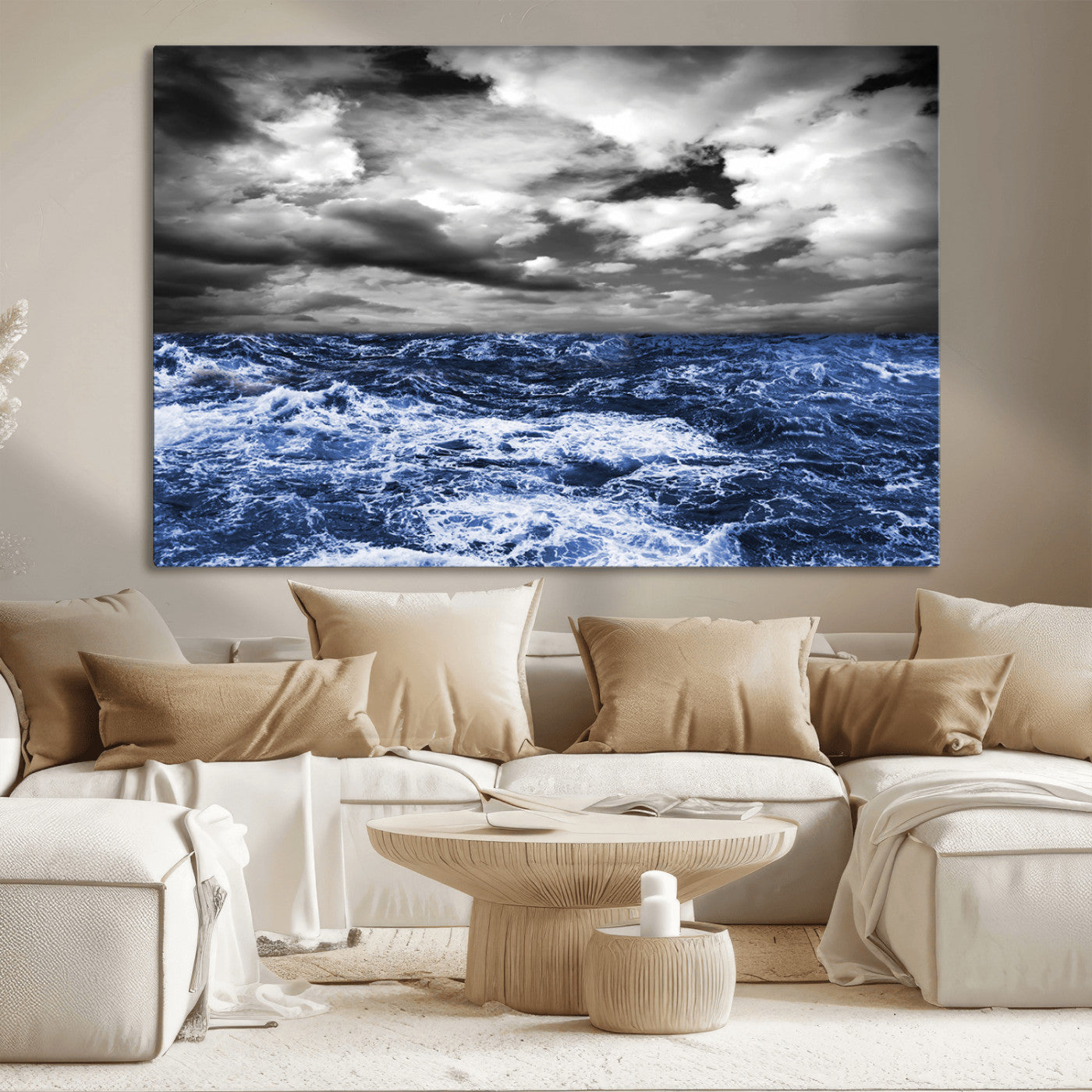 Moody canvas wall art of a stormy ocean under a dramatic black-and-white sky, perfect for bold or coastal-style interiors.