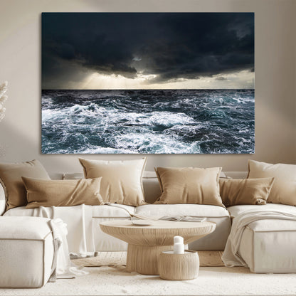 Moody ocean scene with stormy skies and crashing waves, perfect for dramatic or coastal-style home wall decor.
