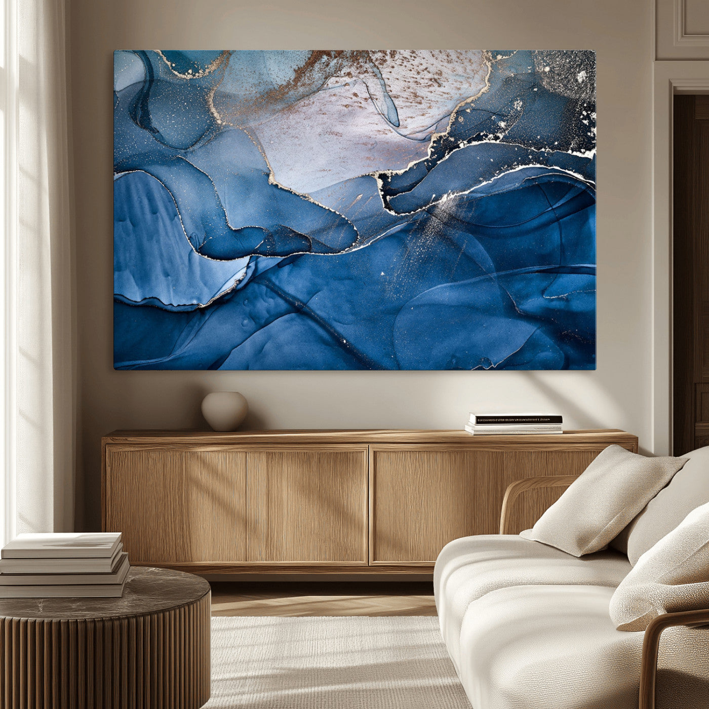 -Abstract Blue Gold Fluid Art Wall Decor – Modern Canvas Print, Elegant Home & Office Wall Art, Stylish Living Room or Bedroom Decoration