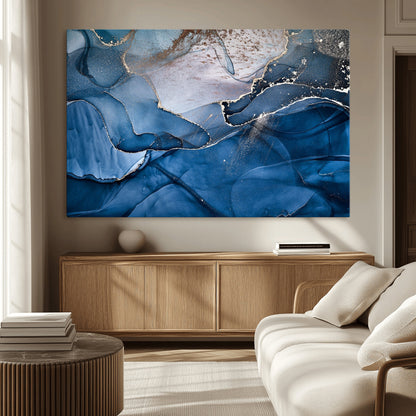 -Abstract Blue Gold Fluid Art Wall Decor – Modern Canvas Print, Elegant Home & Office Wall Art, Stylish Living Room or Bedroom Decoration