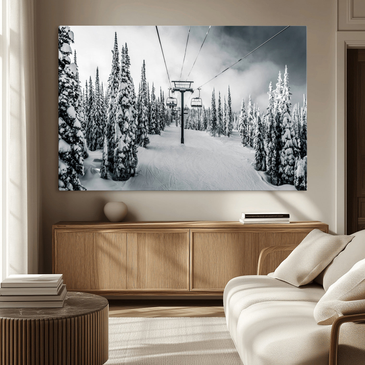 Canvas of a snowy ski lift scene through a forest of tall pine trees, ideal for moody winter or alpine-themed home decor.