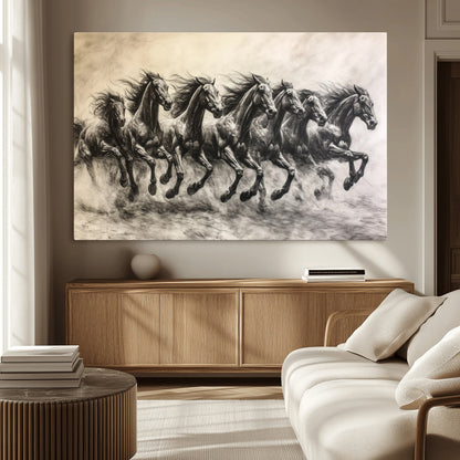 Monochrome drawing of a herd of galloping horses, perfect for dynamic and wild-themed decor in any equestrian or nature-inspired room.