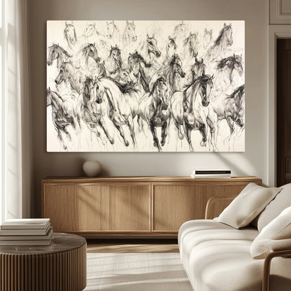Monochrome ink sketch of galloping horses in dynamic motion, perfect for western or equine-themed wall decor with bold artistic energy.