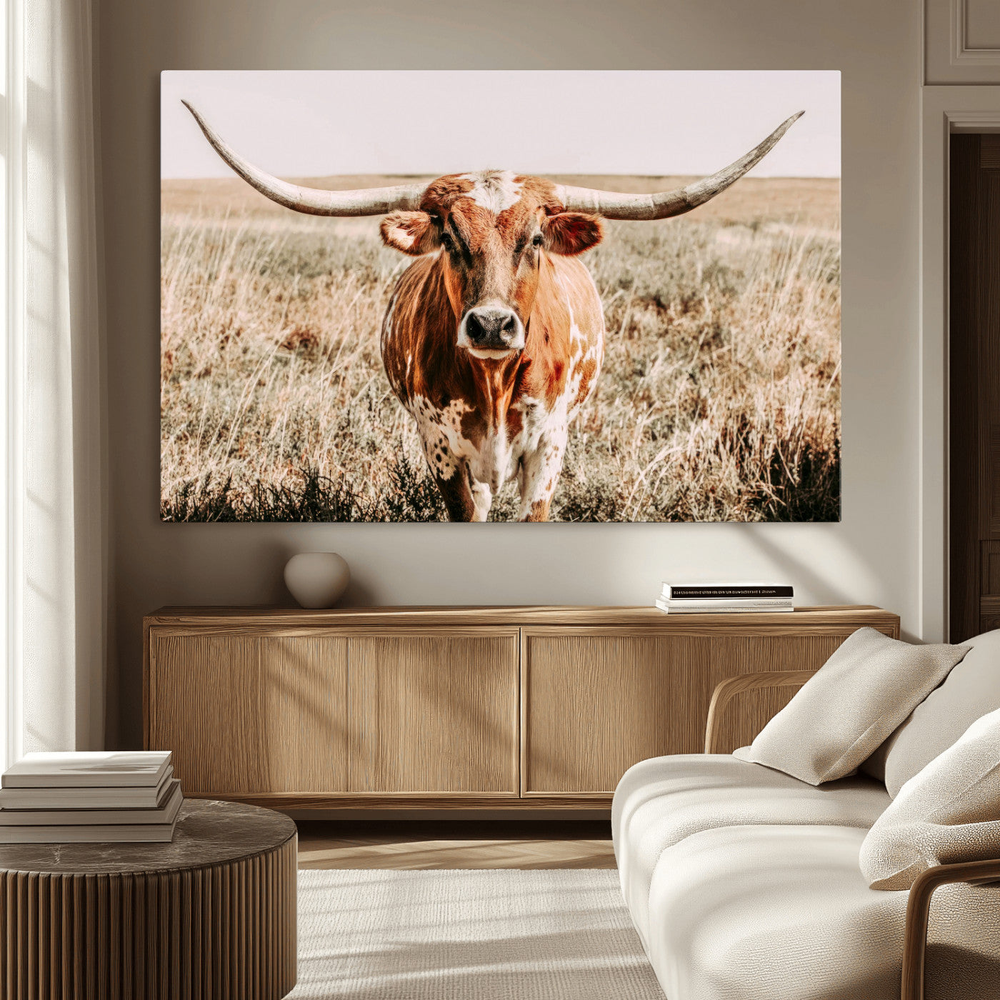 Framed longhorn cow canvas wall art with rustic prairie background, western animal print perfect for farmhouse or ranch style decor