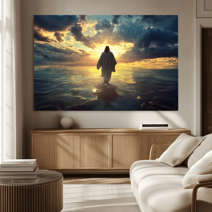 Spiritual artwork of Jesus walking on water at golden hour with divine light, ideal for Christian home decor or prayer room.
