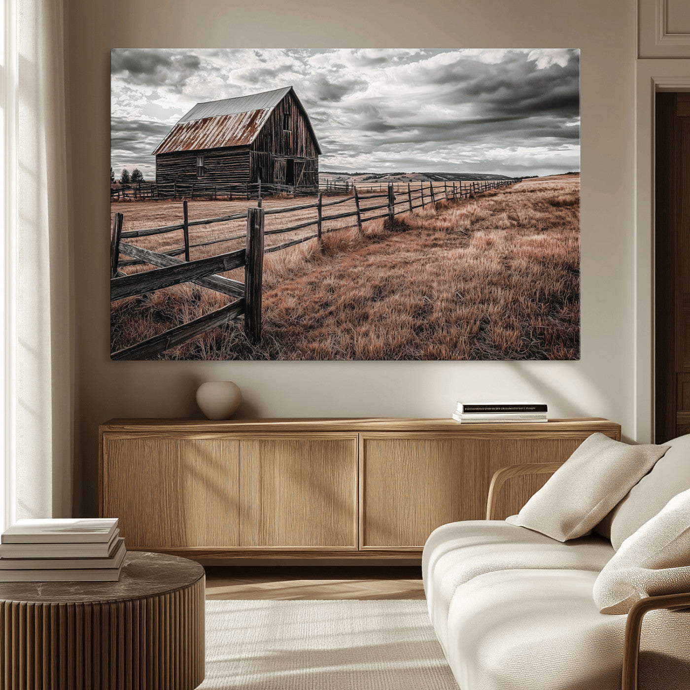 Framed canvas of a rustic barn under a moody sky with weathered fence and dark fields, ideal for farmhouse or rural-style wall decor.