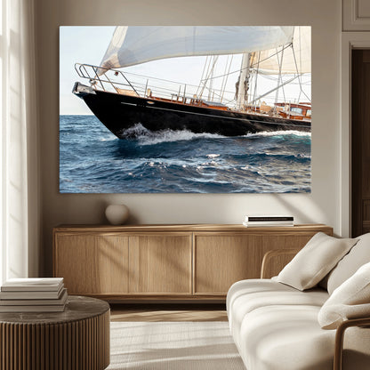 Close-up of a classic sailing yacht with wooden deck and full sails, perfect for nautical or coastal-style decor in ocean-themed spaces.