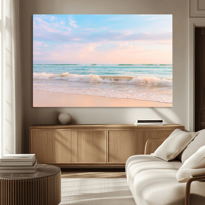 Pastel-toned ocean waves under soft sunset skies, ideal for pastel coastal or serene beach-style home decor.