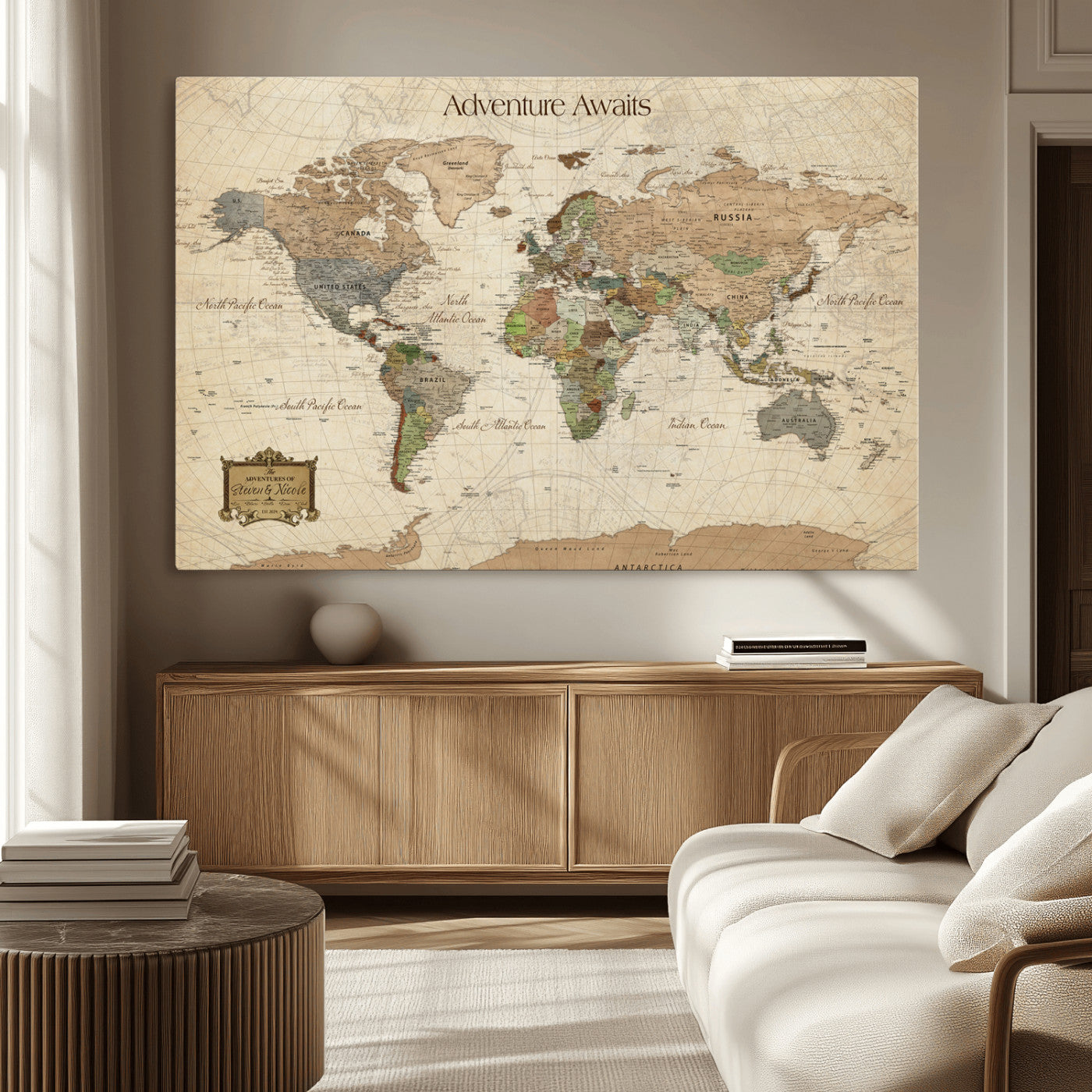Custom Push Pin World Map Wall Canvas Print – Personalized Travel Tracker with Pins – Framed Custom Quotie Canvas for Home Office Decor