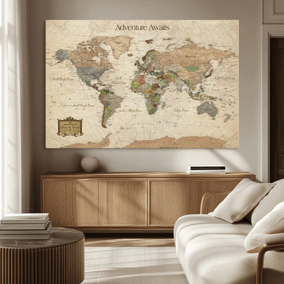 Custom Push Pin World Map Wall Canvas Print – Personalized Travel Tracker with Pins – Framed Custom Quotie Canvas for Home Office Decor