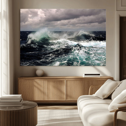 Powerful ocean waves crashing under stormy skies, creating a dynamic and intense seascape.