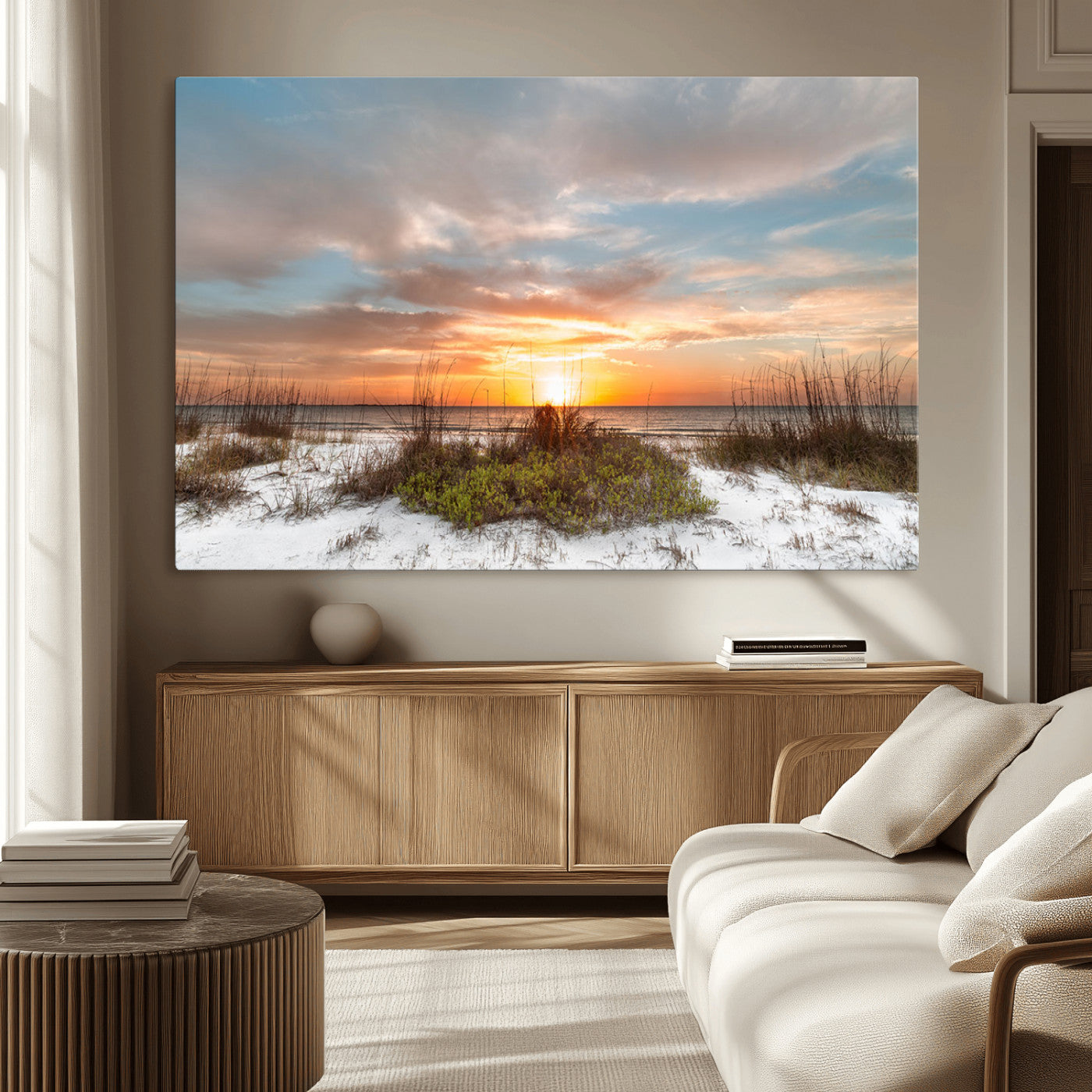 A tranquil beach scene featuring golden sunset hues over the water, with grasses in the foreground and a peaceful, serene atmosphere.