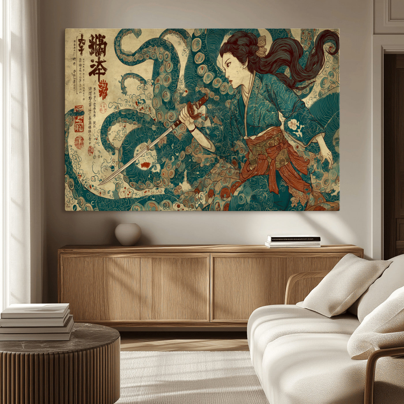 Tsukioka Yoshitoshi Samurai Wall Art Print, Japanese Katana Warrior Canvas Wall Art, Octopus Sea Monster Canvas Print,