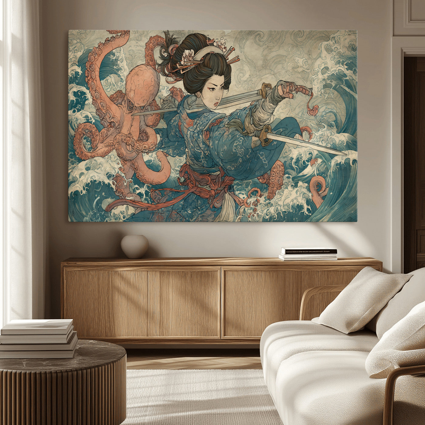 Tsukioka Yoshitoshi Samurai Wall Art Print, Japanese Katana Warrior Canvas Wall Art, Octopus Sea Monster Canvas Print,