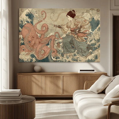 Tsukioka Yoshitoshi Samurai Wall Art Print, Japanese Katana Warrior Canvas Wall Art, Octopus Sea Monster Canvas Print,