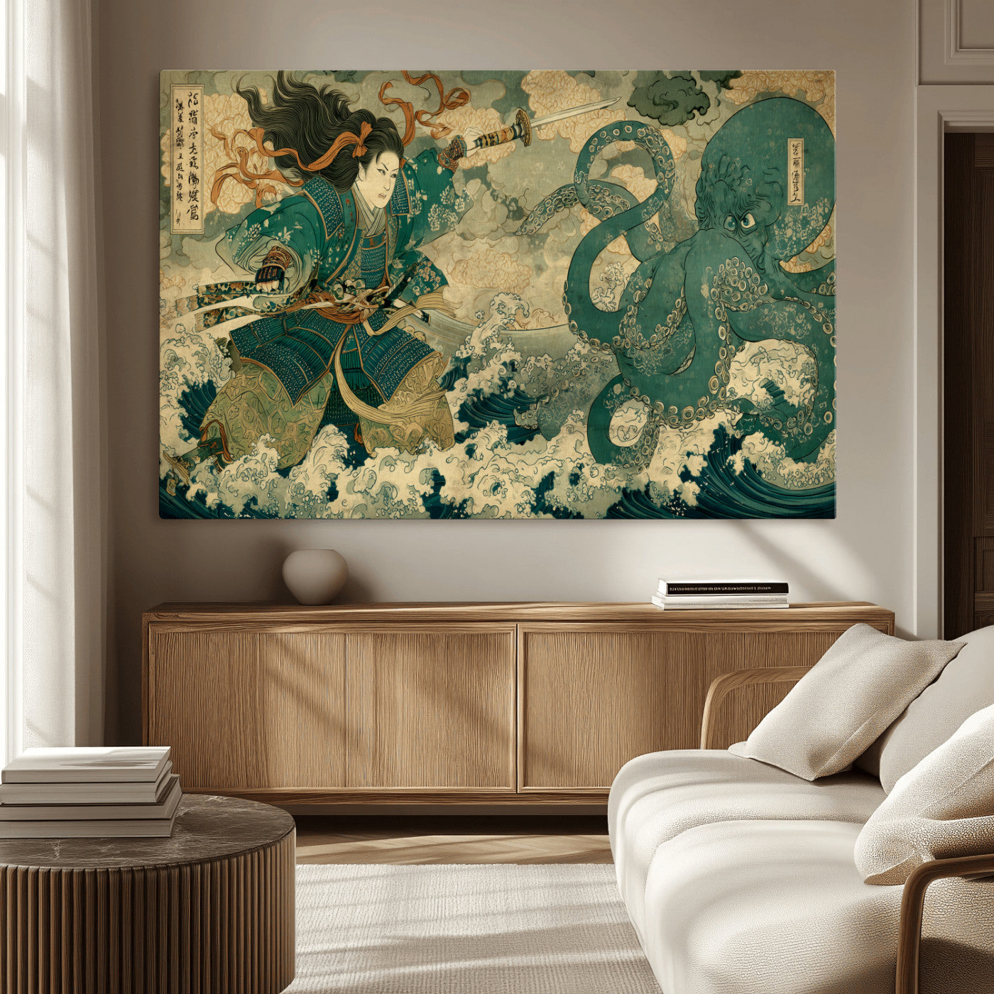 Tsukioka Yoshitoshi Samurai Wall Art Print, Japanese Katana Warrior Canvas Wall Art, Octopus Sea Monster Canvas Print,