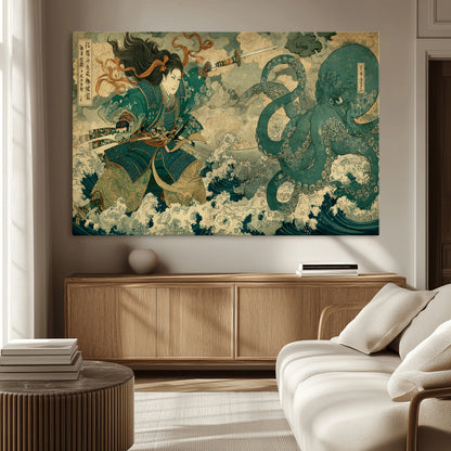 Tsukioka Yoshitoshi Samurai Wall Art Print, Japanese Katana Warrior Canvas Wall Art, Octopus Sea Monster Canvas Print,