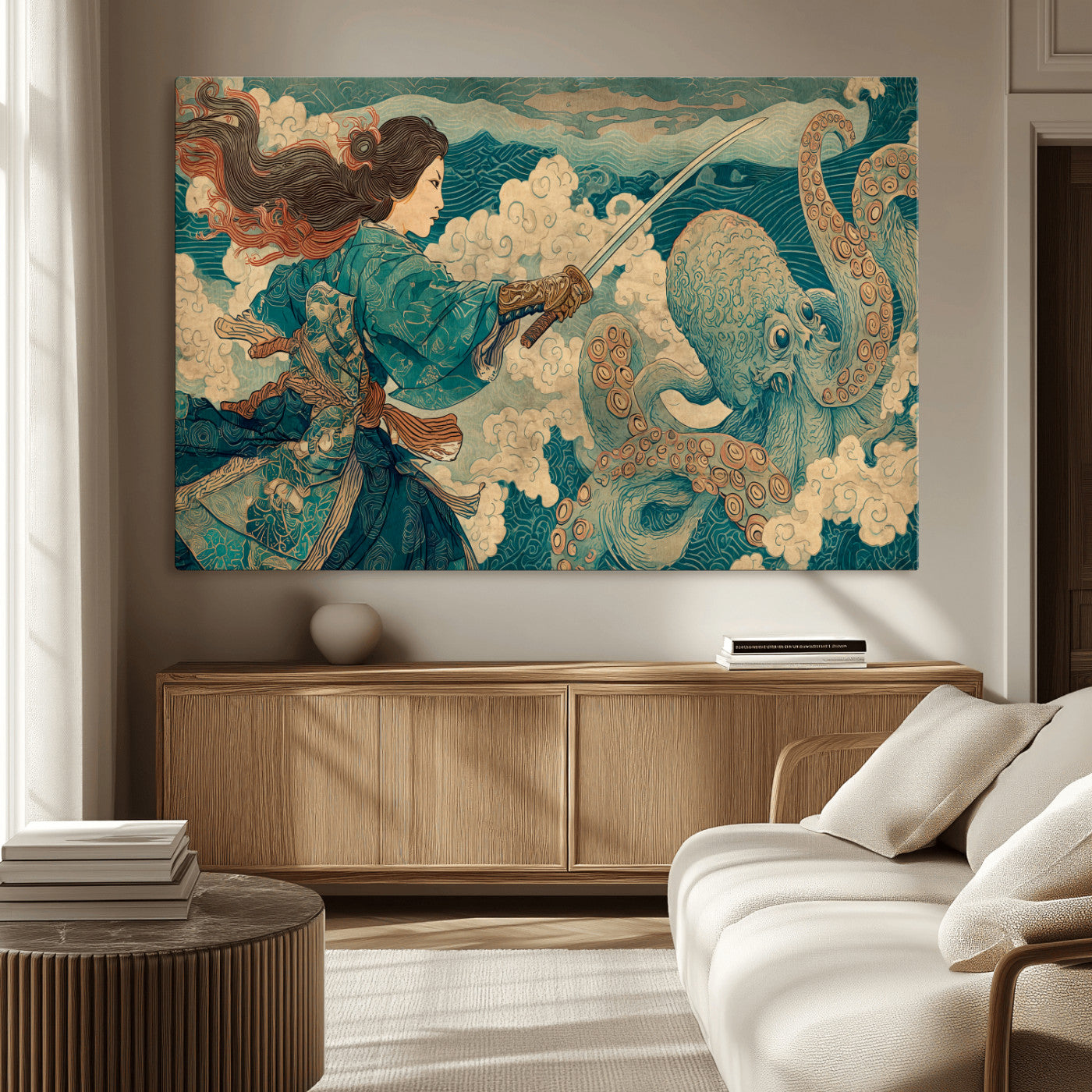 Tsukioka Yoshitoshi Samurai Wall Art Print, Japanese Katana Warrior Canvas Wall Art, Octopus Sea Monster Canvas Print,