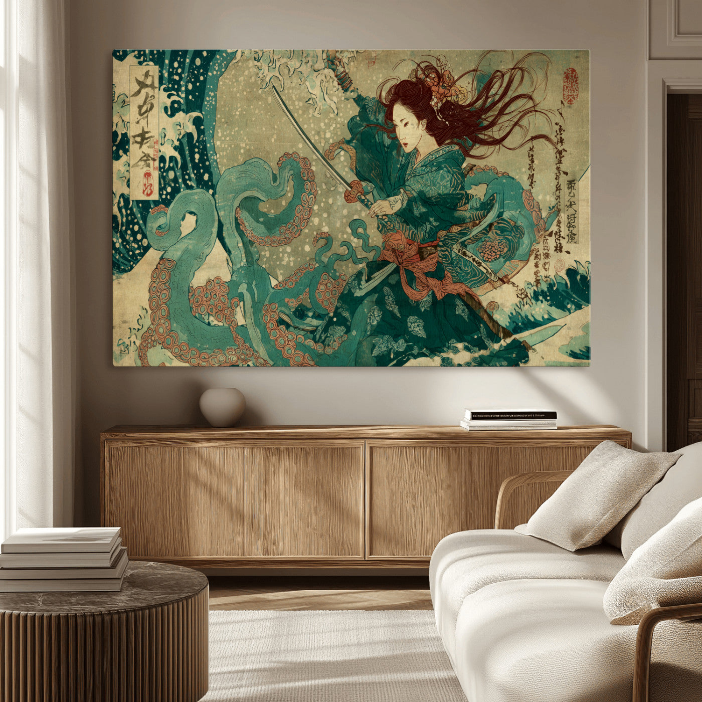 Tsukioka Yoshitoshi Samurai Wall Art Print, Japanese Katana Warrior Canvas Wall Art, Octopus Sea Monster Canvas Print,