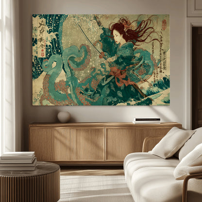 Tsukioka Yoshitoshi Samurai Wall Art Print, Japanese Katana Warrior Canvas Wall Art, Octopus Sea Monster Canvas Print,