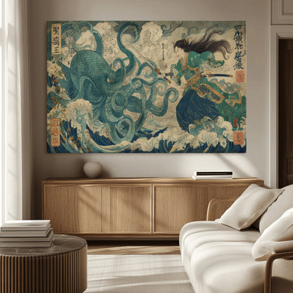 Tsukioka Yoshitoshi Samurai Wall Art Print, Japanese Katana Warrior Canvas Wall Art, Octopus Sea Monster Canvas Print,